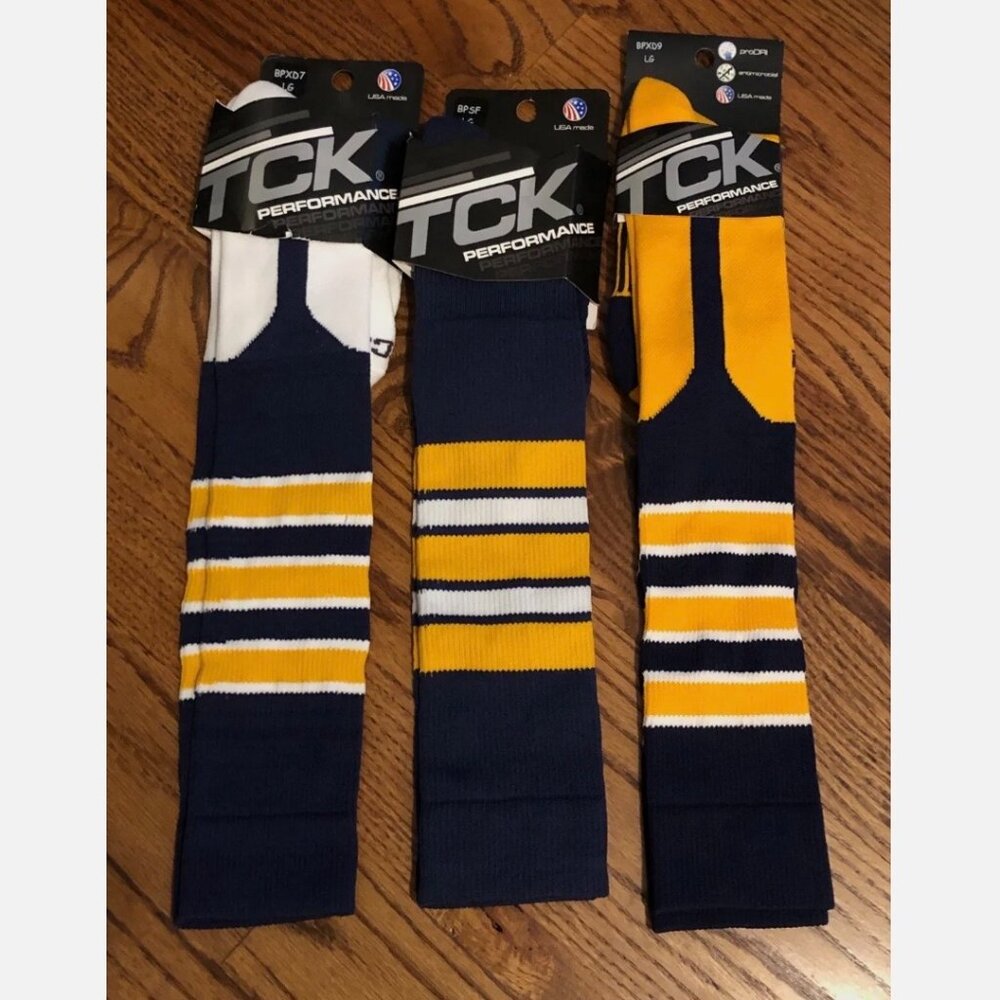 TCK Baseball Stirrup Socks Navy/Gold/White Large 3-Pairs NEW